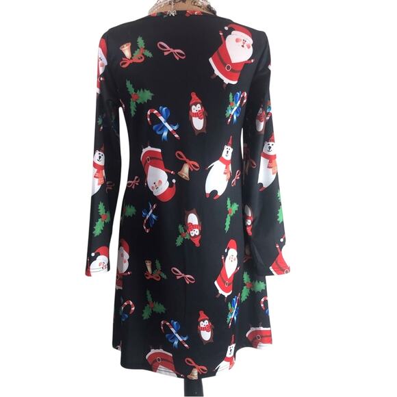 Christmas Dress Side Pockets Long Sleeve Black Background with Fun Holiday Print - Picture 15 of 16